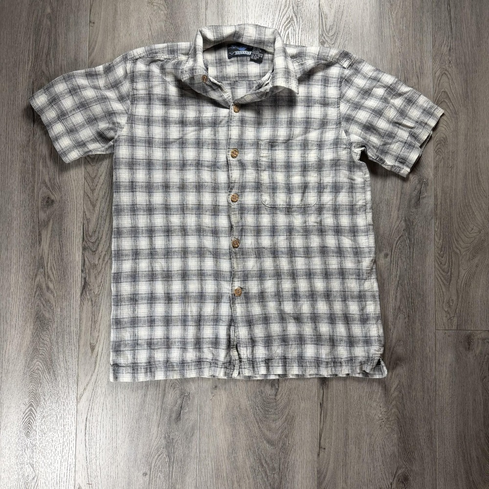 Vector Shirt Boys 16 Gray Plaid Linen Cotton Short Sleeve Button Up Casual